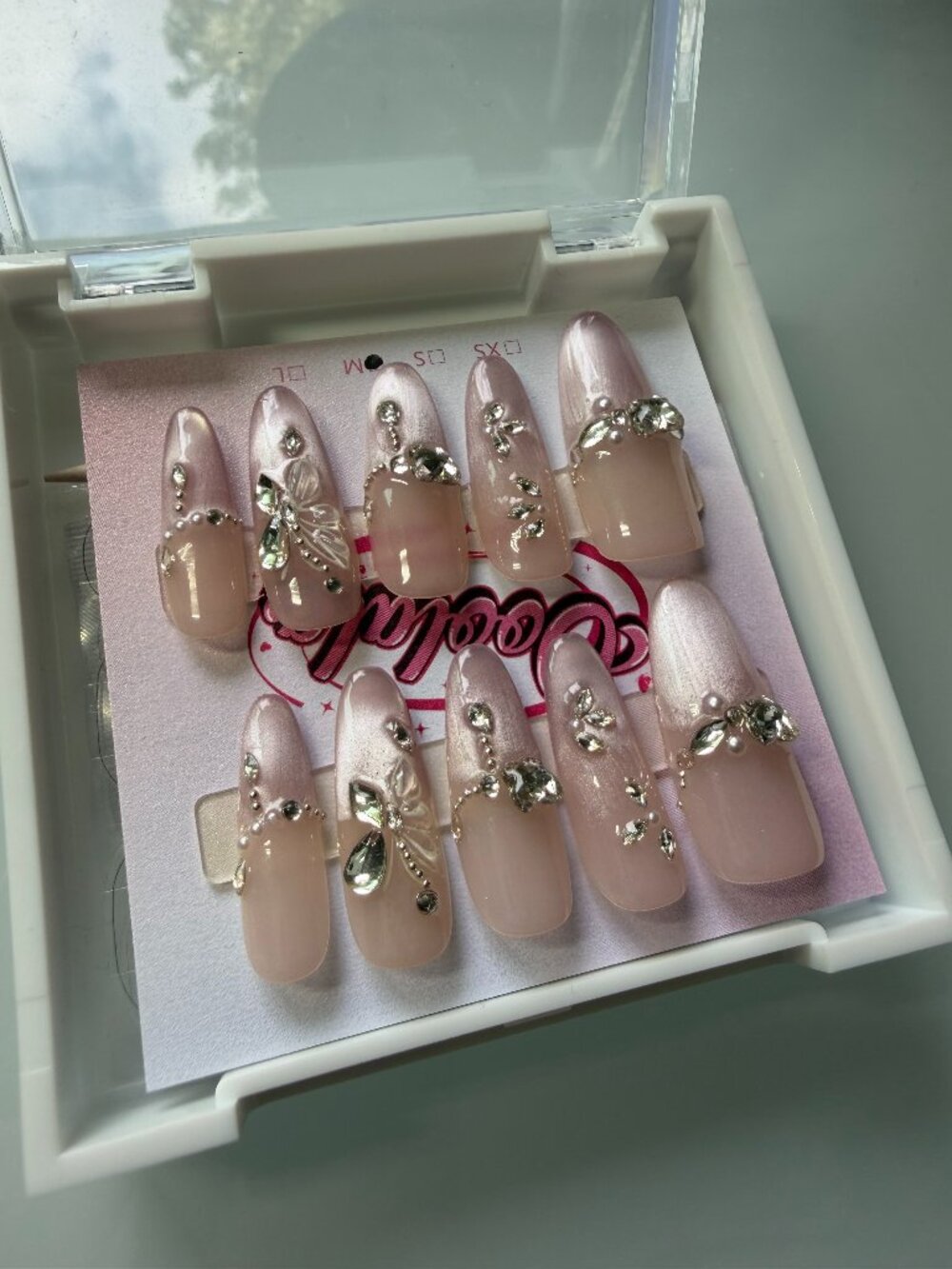 Pink Rhinestone Bow Press-On Nails | Coquette 3D French Tip Set